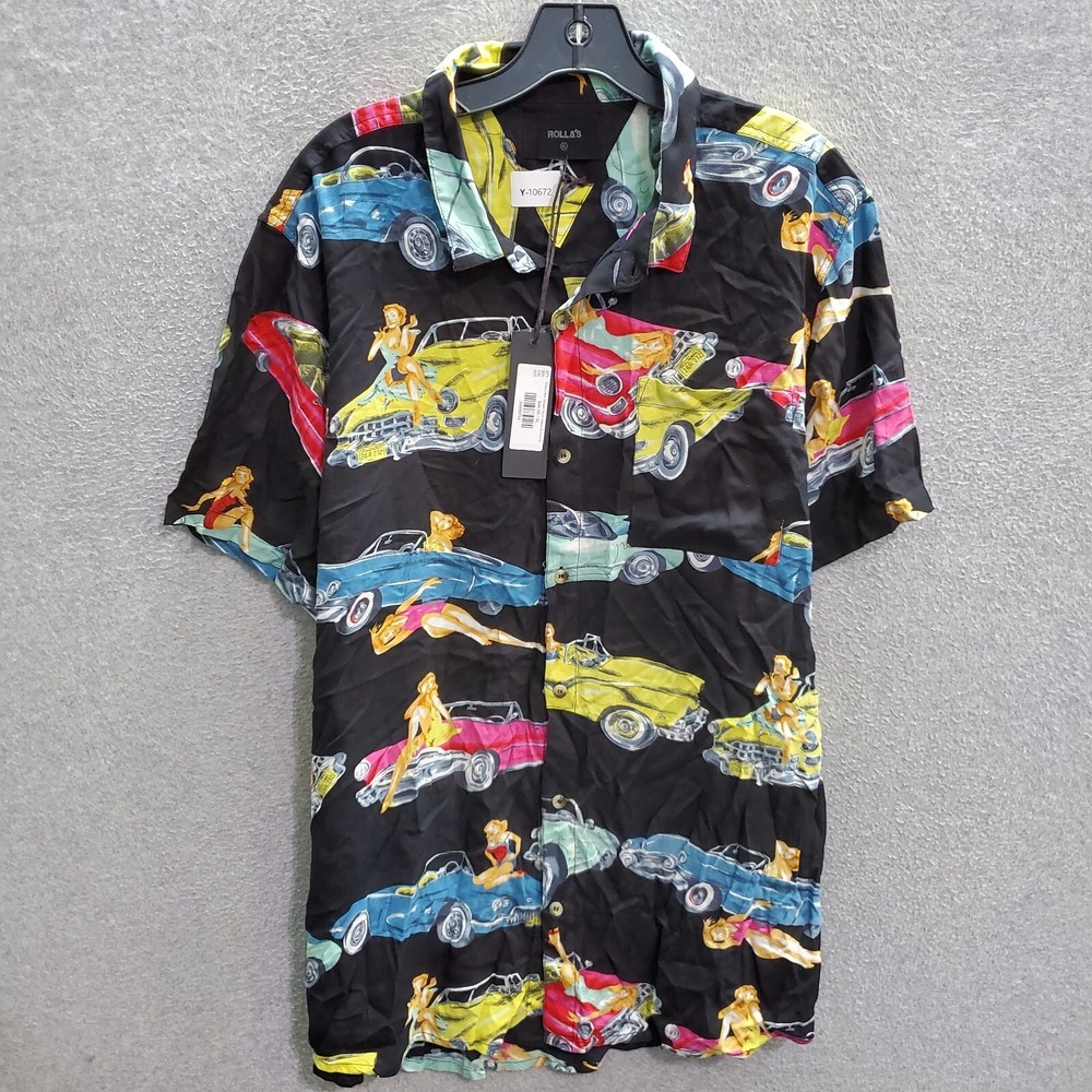 Rolla's Men Button Up Shirt XL Black Classic Cars Hawaiian Short Sleeve NWT‎